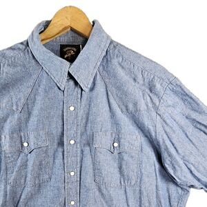 Vintage Saddle King Western‎ Denim Pearl Snap Double Pockets Shirt Mens XL
